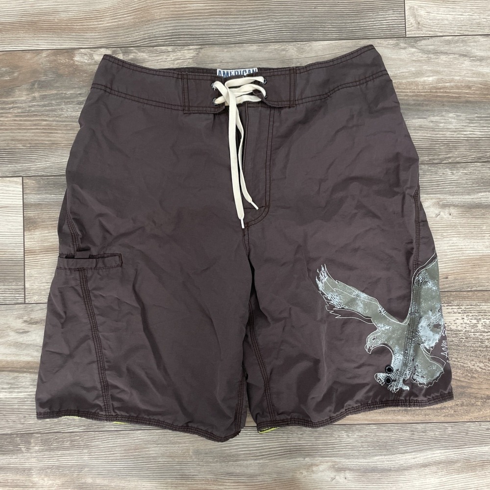 American Eagle Mens Board Shorts 32 Brown Eagle Logo Pockets Swim Trunks